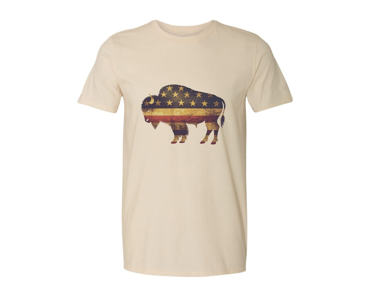 brand:Generic|color:Light Cream / Natural|American Bison Patriotic Usa Flag 4 Graphic T-Shirt