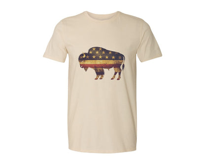 brand:Generic|color:Light Cream / Natural|American Bison Patriotic Usa Flag 4 Graphic T-Shirt