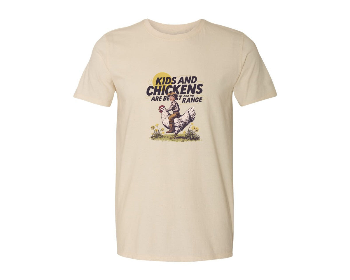 brand:Generic|color:Light Cream / Natural|Kids And Chickens Vintage Farm Graphic T-Shirt