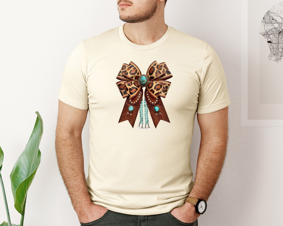 brand:Bella Canvas|color:Light Cream / Natural|Western Leopard Bow Bohemian Coquette Graphic T-Shirt