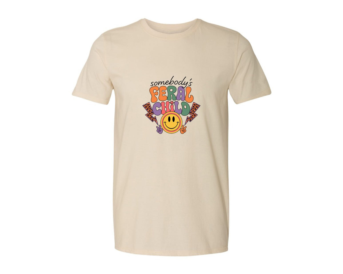brand:Generic|color:Light Cream / Natural|Somebodys Feral Child Funny Summer Graphic T-Shirt