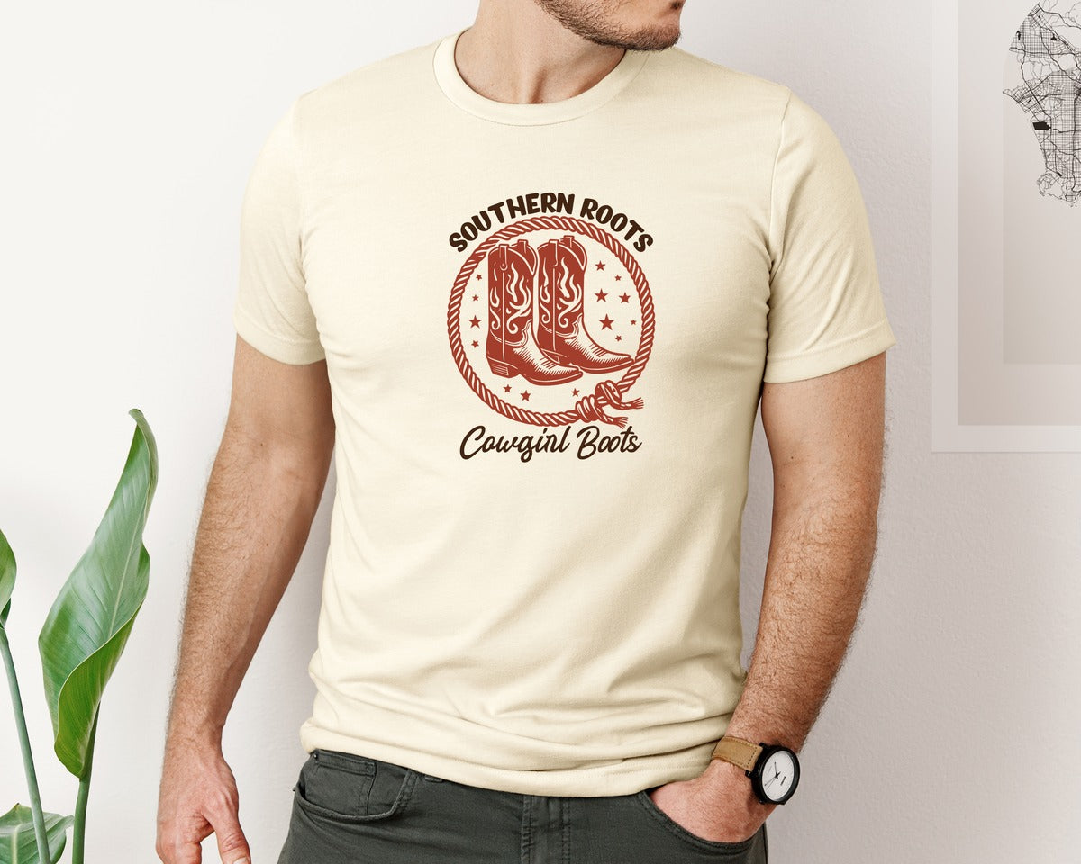 brand:Bella Canvas|color:Light Cream / Natural|Southern Roots Cowgirl Boots Cowgir Graphic T-Shirt
