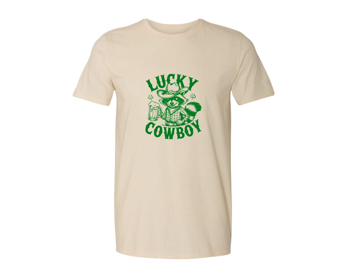 brand:Generic|color:Light Cream / Natural|Lucky Cowboy Funny St Patricks Day Graphic T-Shirt