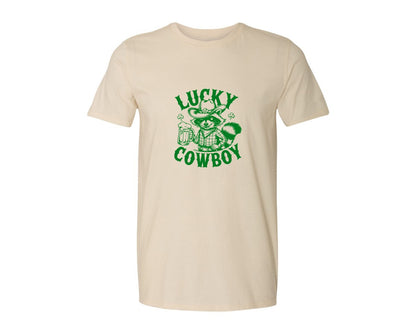 brand:Generic|color:Light Cream / Natural|Lucky Cowboy Funny St Patricks Day Graphic T-Shirt