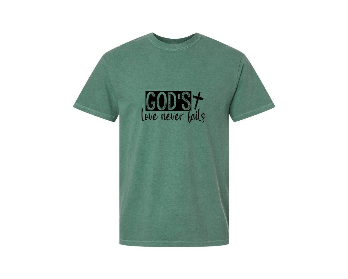 brand:Comfort Colors|color:Light Green|Gods Love Never Fails Sleeve Design 2 Graphic T-Shirt