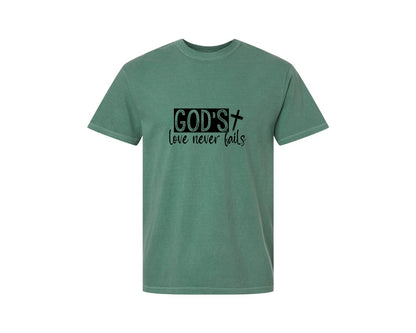 brand:Comfort Colors|color:Light Green|Gods Love Never Fails Sleeve Design 2 Graphic T-Shirt