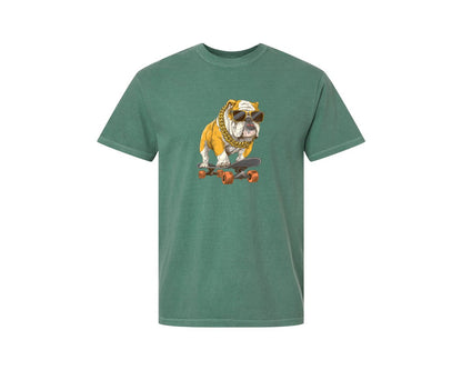 brand:Comfort Colors|color:Light Green|Cool Bulldog Skateboarder Graphics Graphic T-Shirt