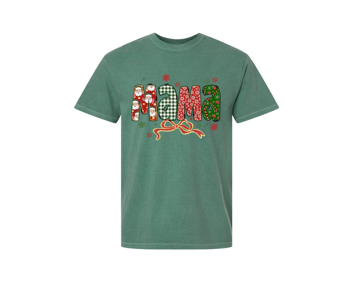 brand:Comfort Colors|color:Light Green|Mama Claus Christmas Glitter Preppy Bow Graphic T-Shirt