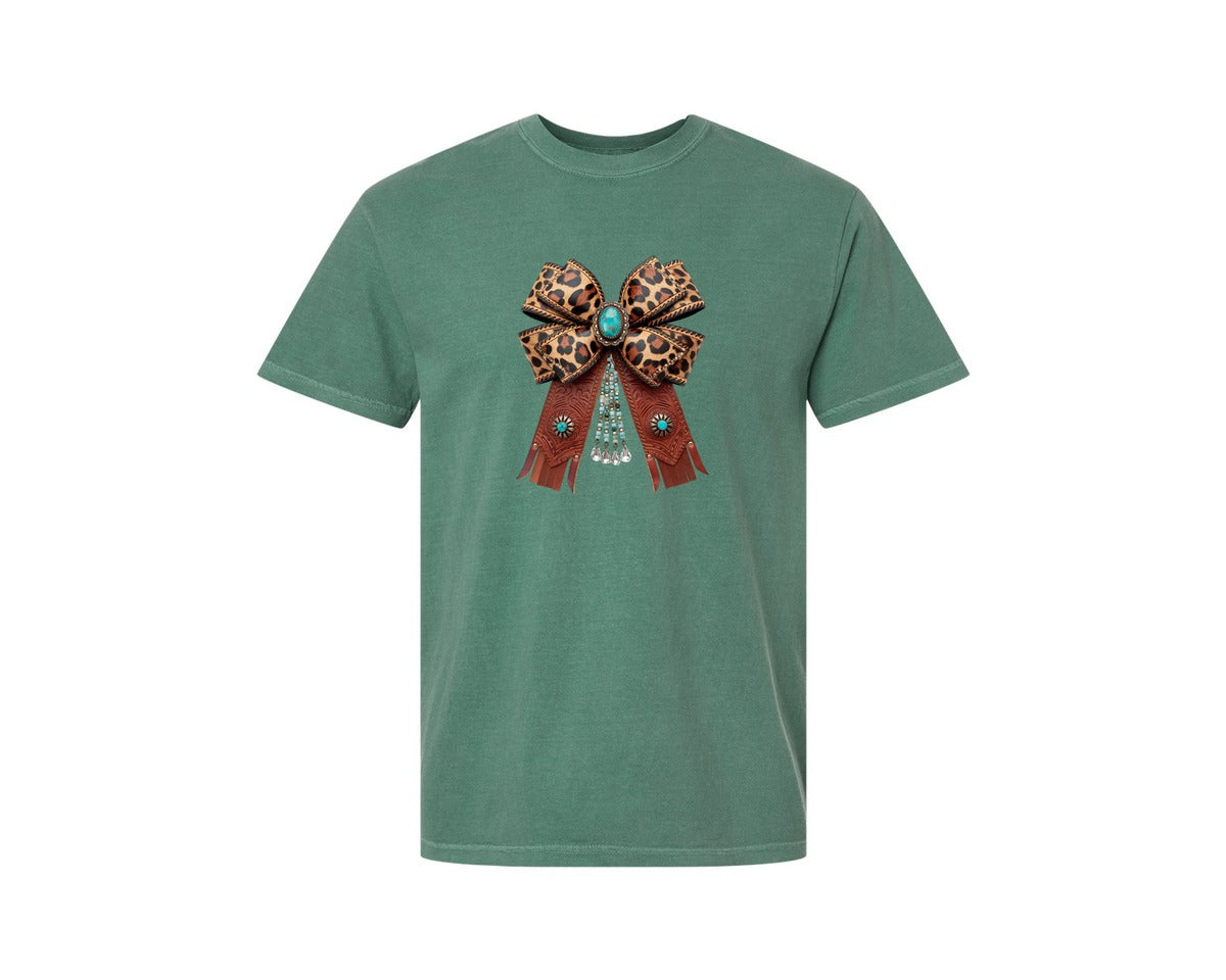 brand:Comfort Colors|color:Light Green|Western Leopard Bow Coquette Cowgirl 2 Graphic T-Shirt