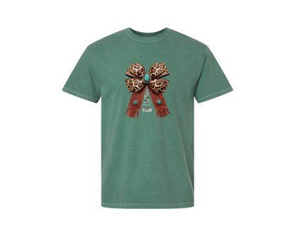 brand:Comfort Colors|color:Light Green|Western Leopard Bow Coquette Cowgirl 2 Graphic T-Shirt