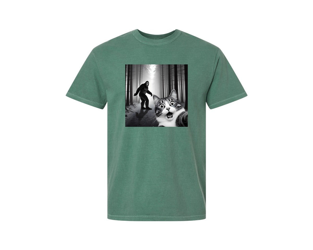 brand:Comfort Colors|color:Light Green|Cat Selfie With Sasquatch Graphic T-Shirt