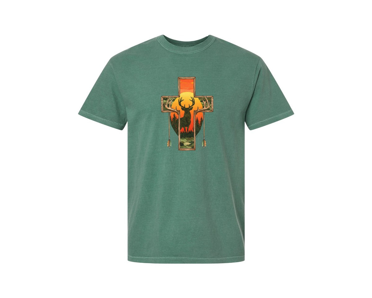 brand:Comfort Colors|color:Light Green|Deer Cross Rustic Hunting Cross Sub Graphic T-Shirt