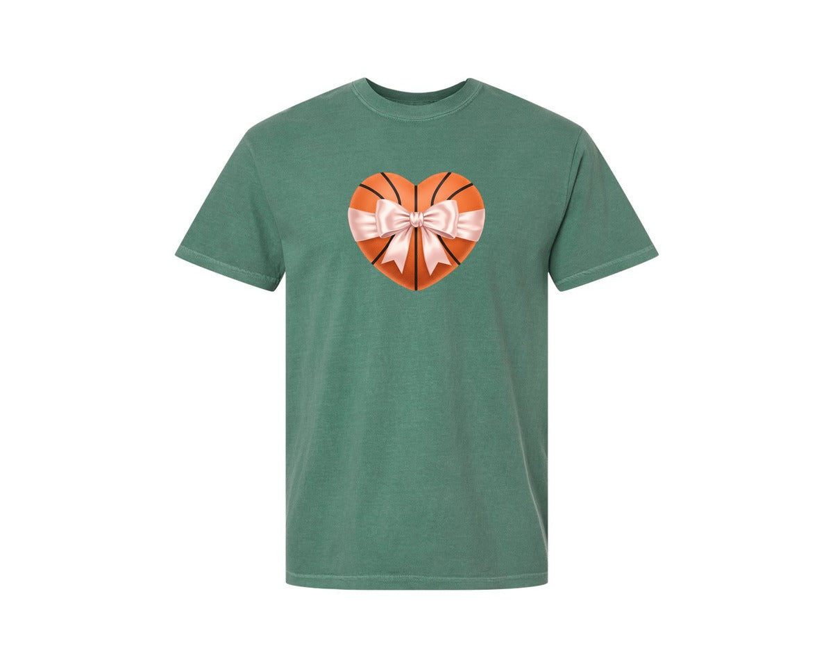 brand:Comfort Colors|color:Light Green|Heart Shape Basketball Coquette Bow Graphic T-Shirt