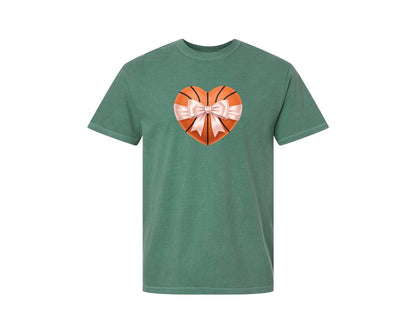 brand:Comfort Colors|color:Light Green|Heart Shape Basketball Coquette Bow Graphic T-Shirt