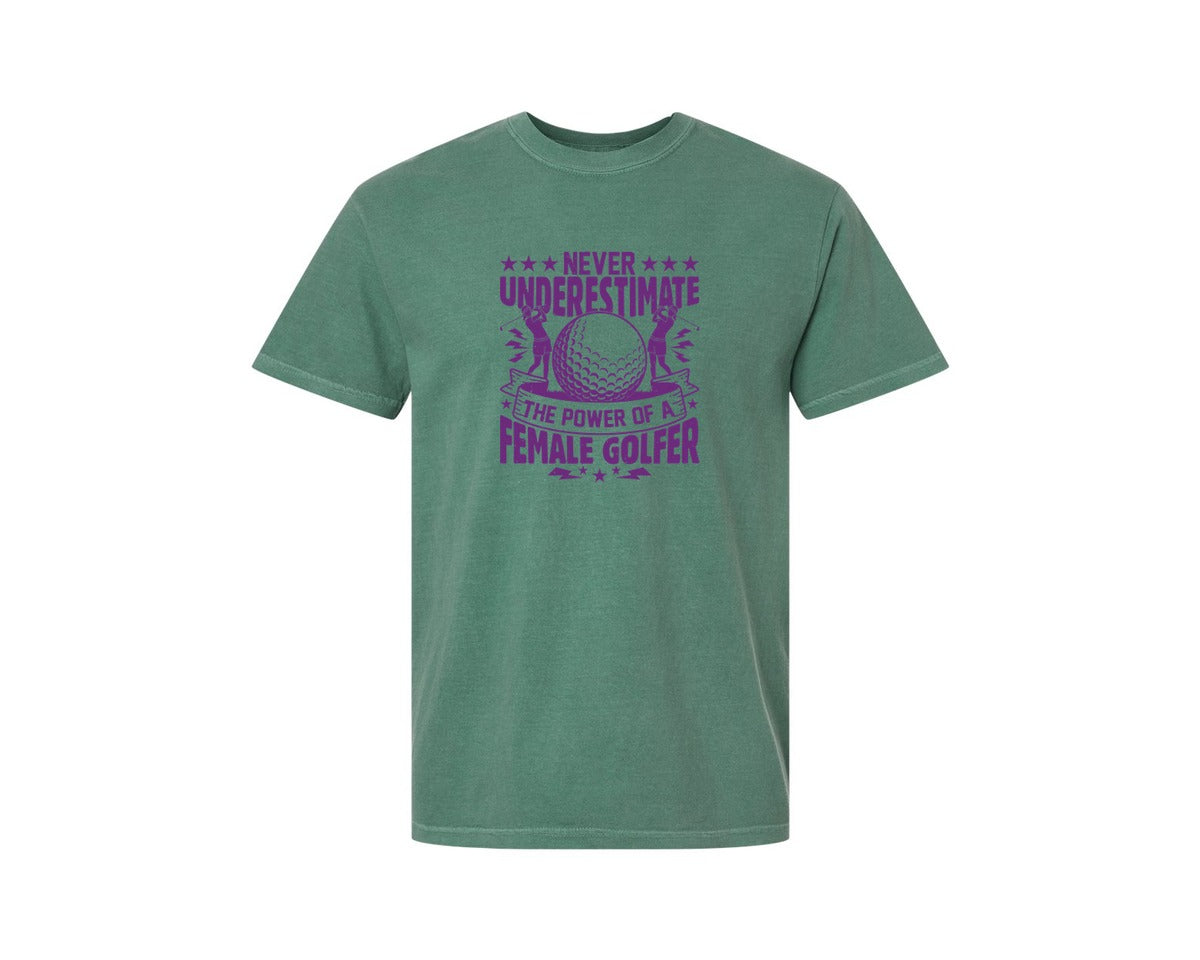 brand:Comfort Colors|color:Light Green|Female Golfer Golf Club T Shirt Design Graphic T-Shirt