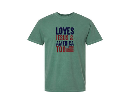 brand:Comfort Colors|color:Light Green|Loves Jesus And America Too Jesus Graphic T-Shirt