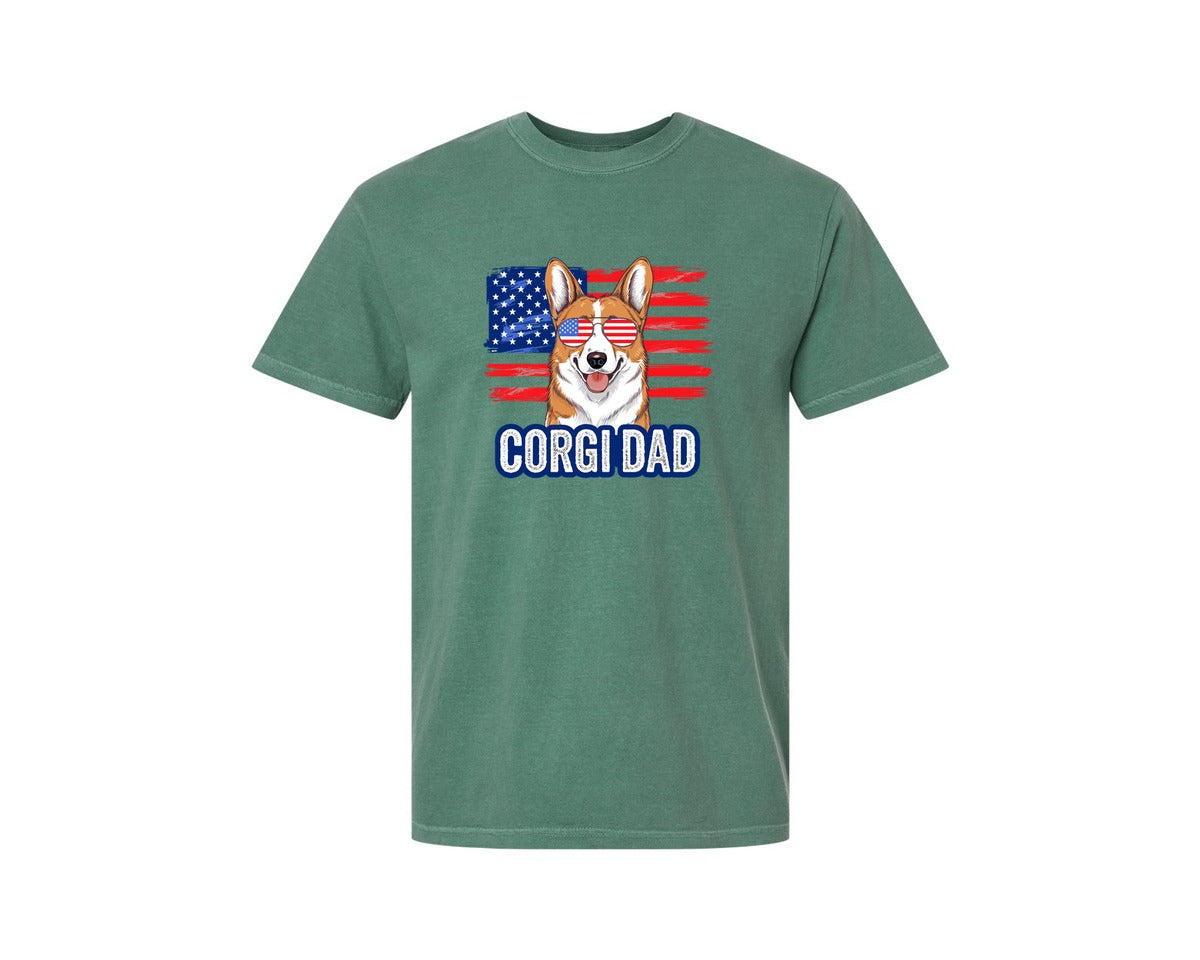 brand:Comfort Colors|color:Light Green|Corgi Dad American Flag 4Th Of July Graphic T-Shirt