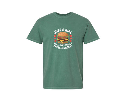 brand:Comfort Colors|color:Light Green|Just A Girl Who Loves Double Cheeseburge Graphic T-Shirt