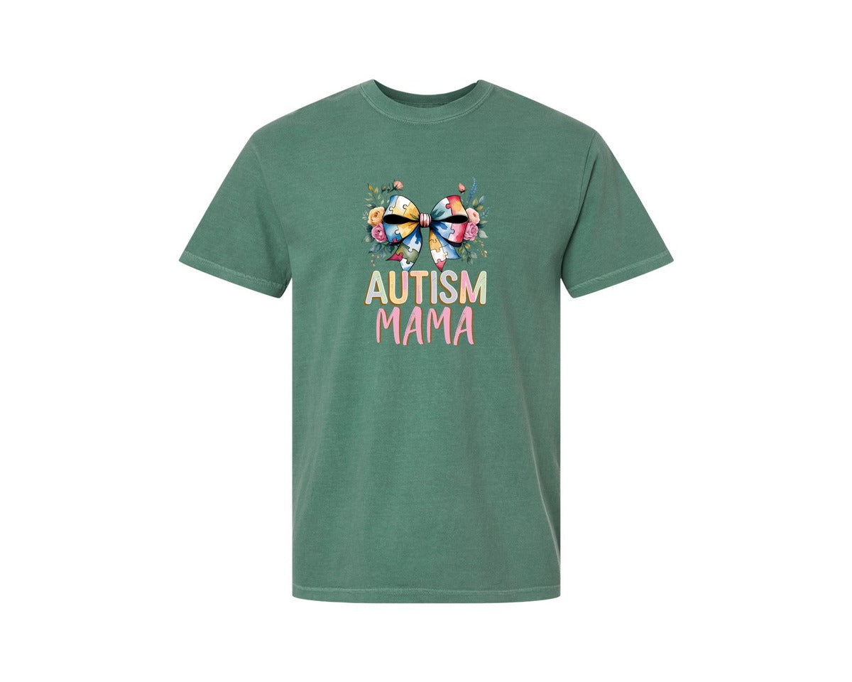 brand:Comfort Colors|color:Light Green|Autism Mama Elegant Floral Puzzle Bow Graphic T-Shirt