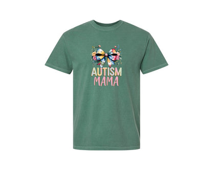 brand:Comfort Colors|color:Light Green|Autism Mama Elegant Floral Puzzle Bow Graphic T-Shirt