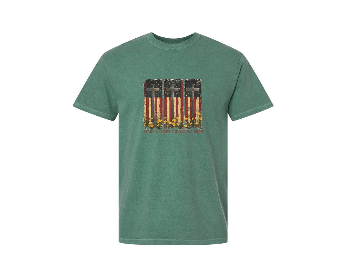 brand:Comfort Colors|color:Light Green|Stars And Stripes And Jesus Christ Graphic T-Shirt
