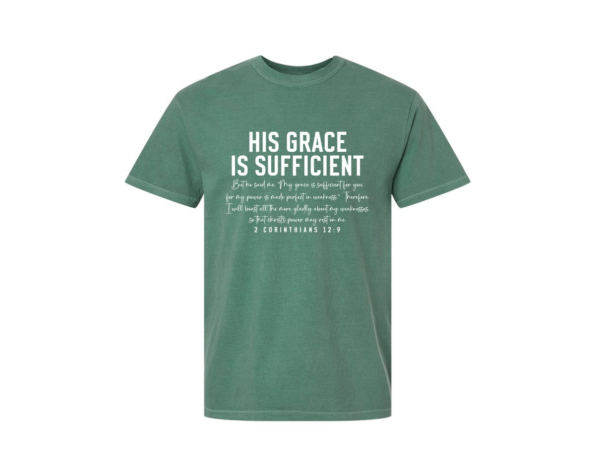 brand:Comfort Colors|color:Light Green|His Grace Is Sufficient 2 Corinthian Graphic T-Shirt