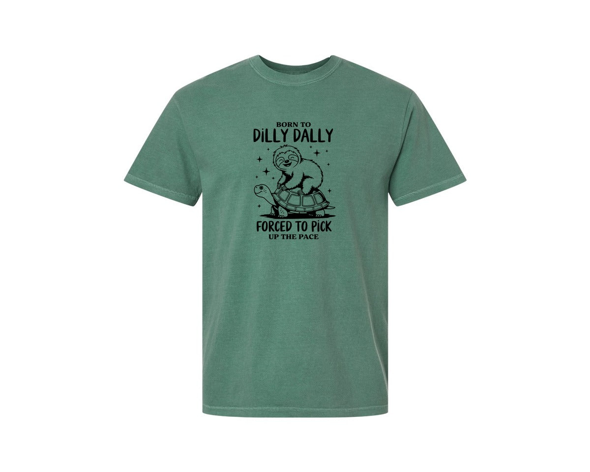 brand:Comfort Colors|color:Light Green|Born To Dilly Dally Funny Sloth Graphic T-Shirt
