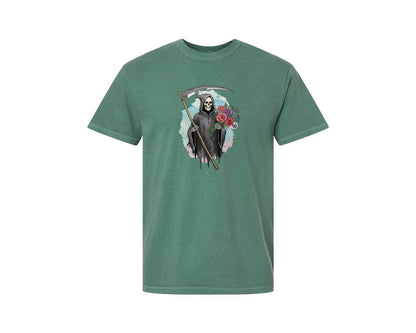 brand:Comfort Colors|color:Light Green|Grim Reaper With Flowers Gothic Graphic T-Shirt