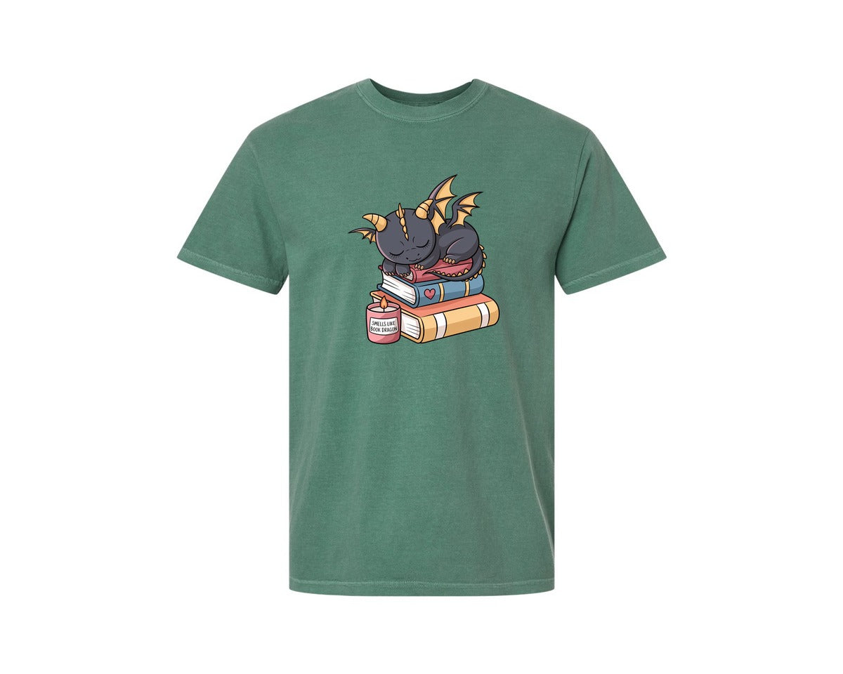 brand:Comfort Colors|color:Light Green|Smells Like Book Dragon Cute Fantasy 3 Graphic T-Shirt