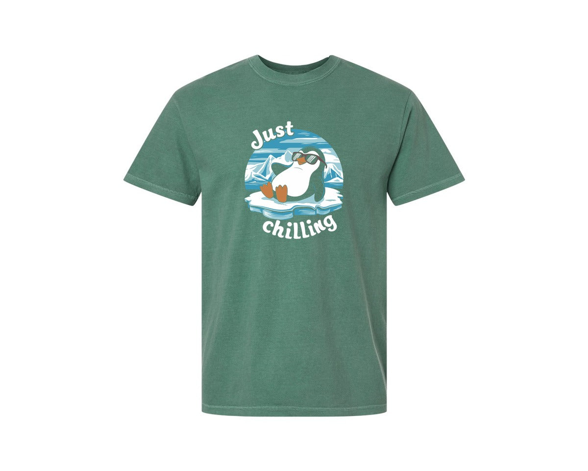 brand:Comfort Colors|color:Light Green|Just Chilling Penguin Pun Relaxed Vibes Graphic T-Shirt