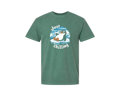 brand:Comfort Colors|color:Light Green|Just Chilling Penguin Pun Relaxed Vibes Graphic T-Shirt