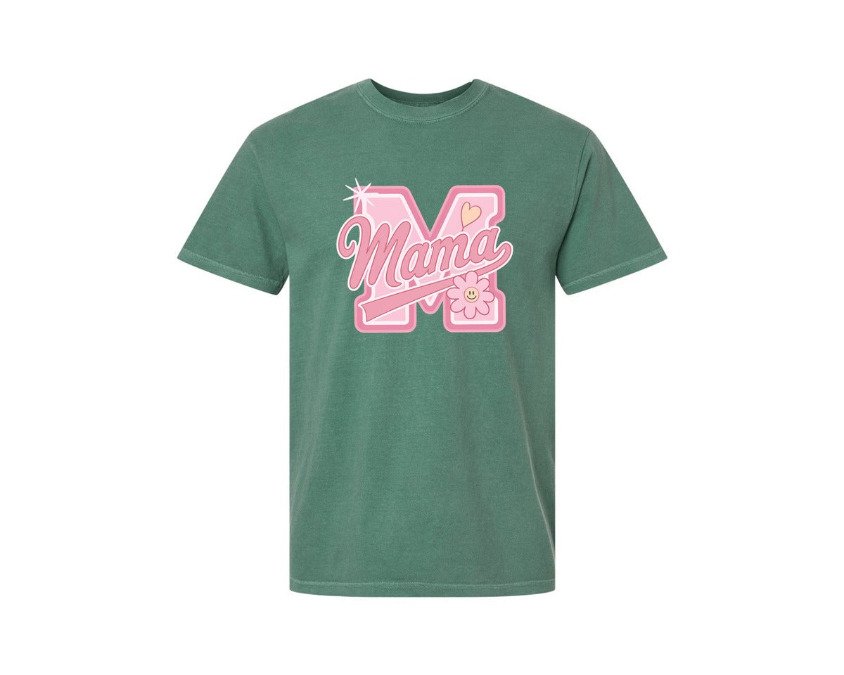 brand:Comfort Colors|color:Light Green|Pink Y2K Mama With Smiley Flower Graphic T-Shirt