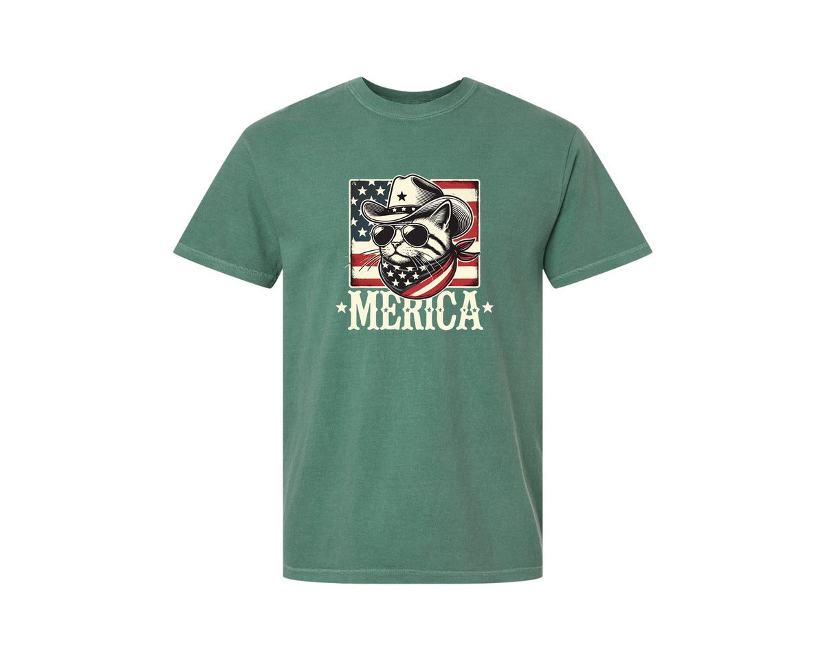 brand:Comfort Colors|color:Light Green|Merica Cat Patriotic Cowboy Cat Graphic T-Shirt