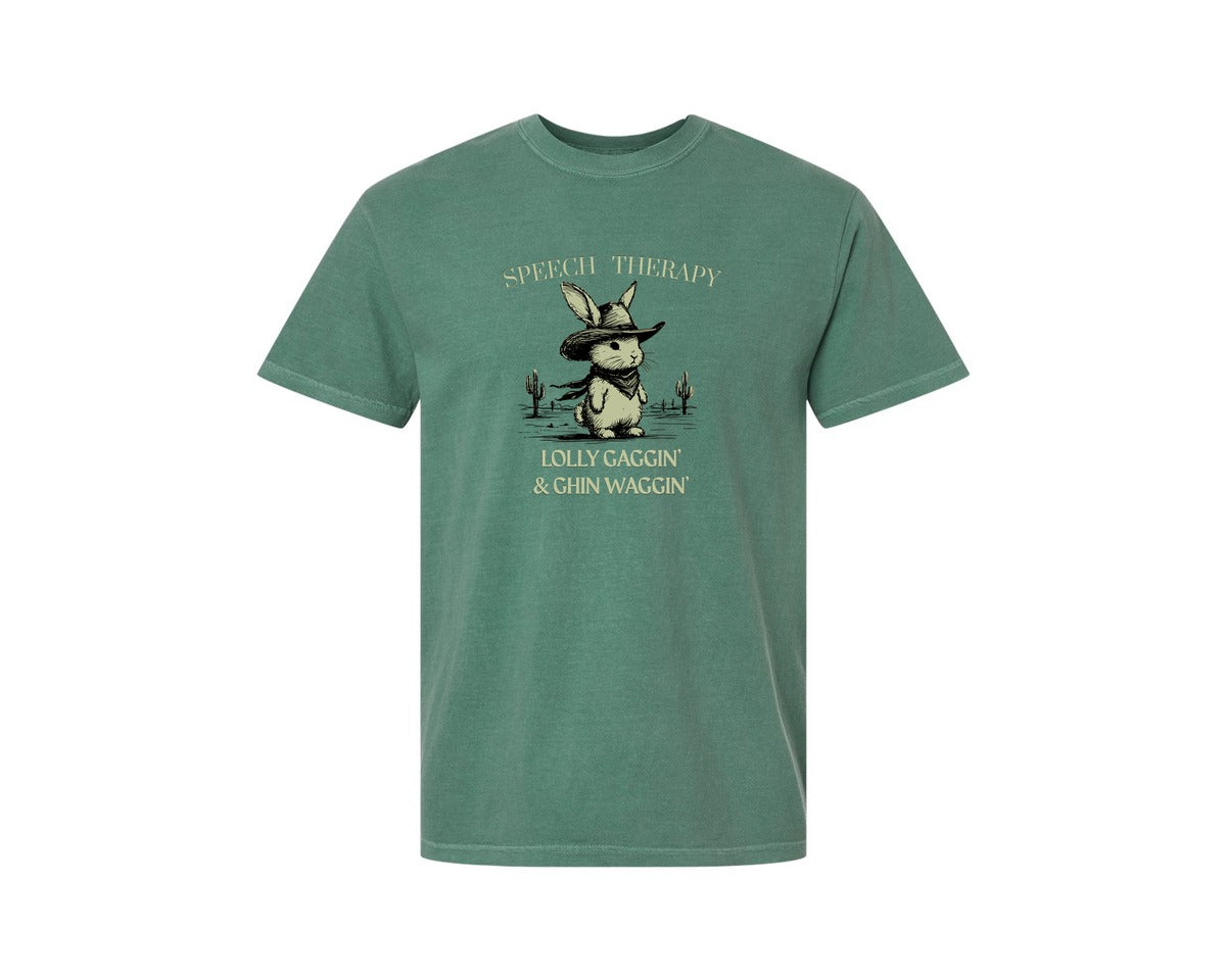 brand:Comfort Colors|color:Light Green|Retro Cowboy Bunny Speech Therapy Tee Graphic T-Shirt
