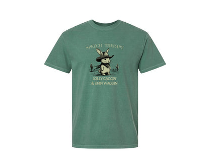 brand:Comfort Colors|color:Light Green|Retro Cowboy Bunny Speech Therapy Tee Graphic T-Shirt