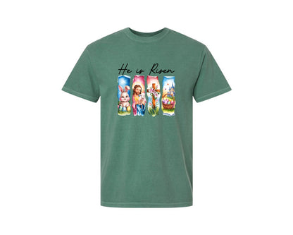 brand:Comfort Colors|color:Light Green|He Is Risen Easter Jesus Christian Graphic T-Shirt