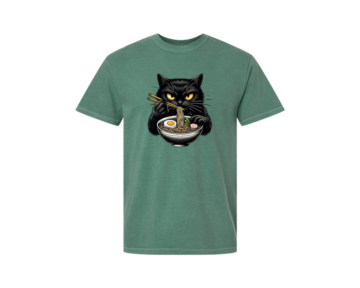 brand:Comfort Colors|color:Light Green|Cute Black Cat Eating Ramen Noodle 3 Graphic T-Shirt