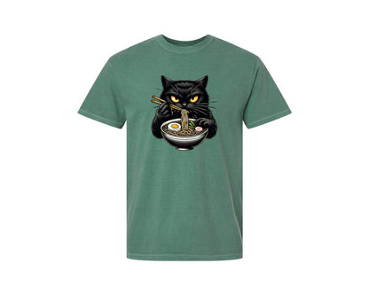 brand:Comfort Colors|color:Light Green|Cute Black Cat Eating Ramen Noodle 3 Graphic T-Shirt