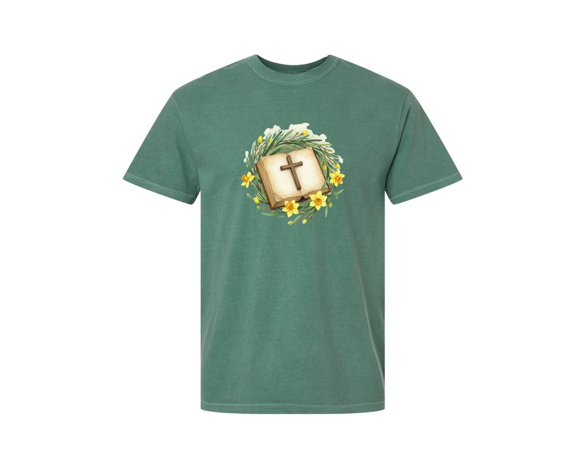 brand:Comfort Colors|color:Light Green|Bible Cross Daffodil Wreath Graphic T-Shirt