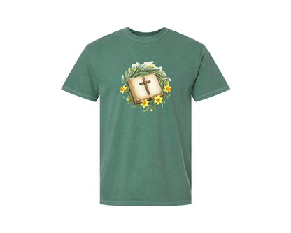 brand:Comfort Colors|color:Light Green|Bible Cross Daffodil Wreath Graphic T-Shirt