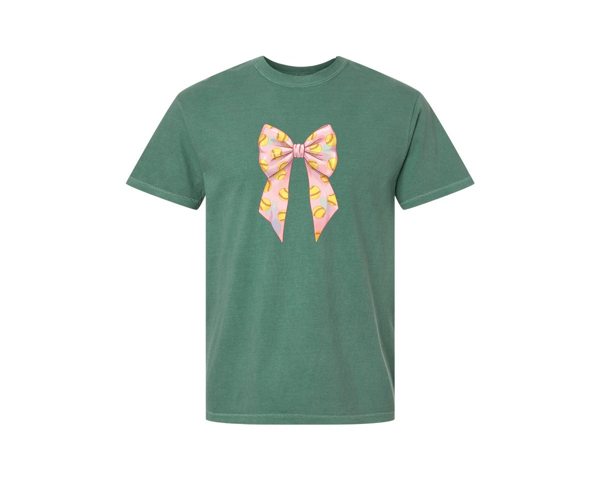 brand:Comfort Colors|color:Light Green|Softball Bow Graphic T-Shirt