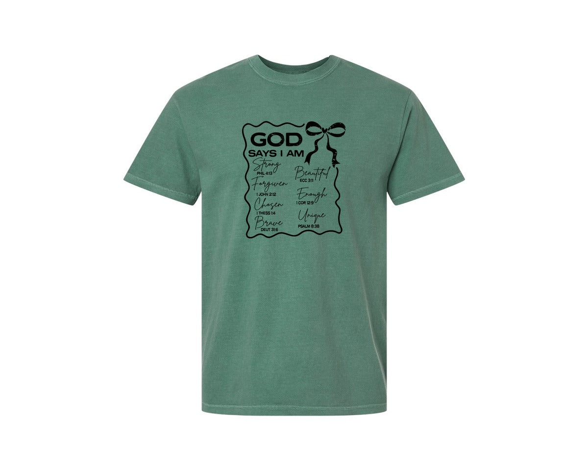 brand:Comfort Colors|color:Light Green|God Says I Am Coquette Christian Graphic T-Shirt