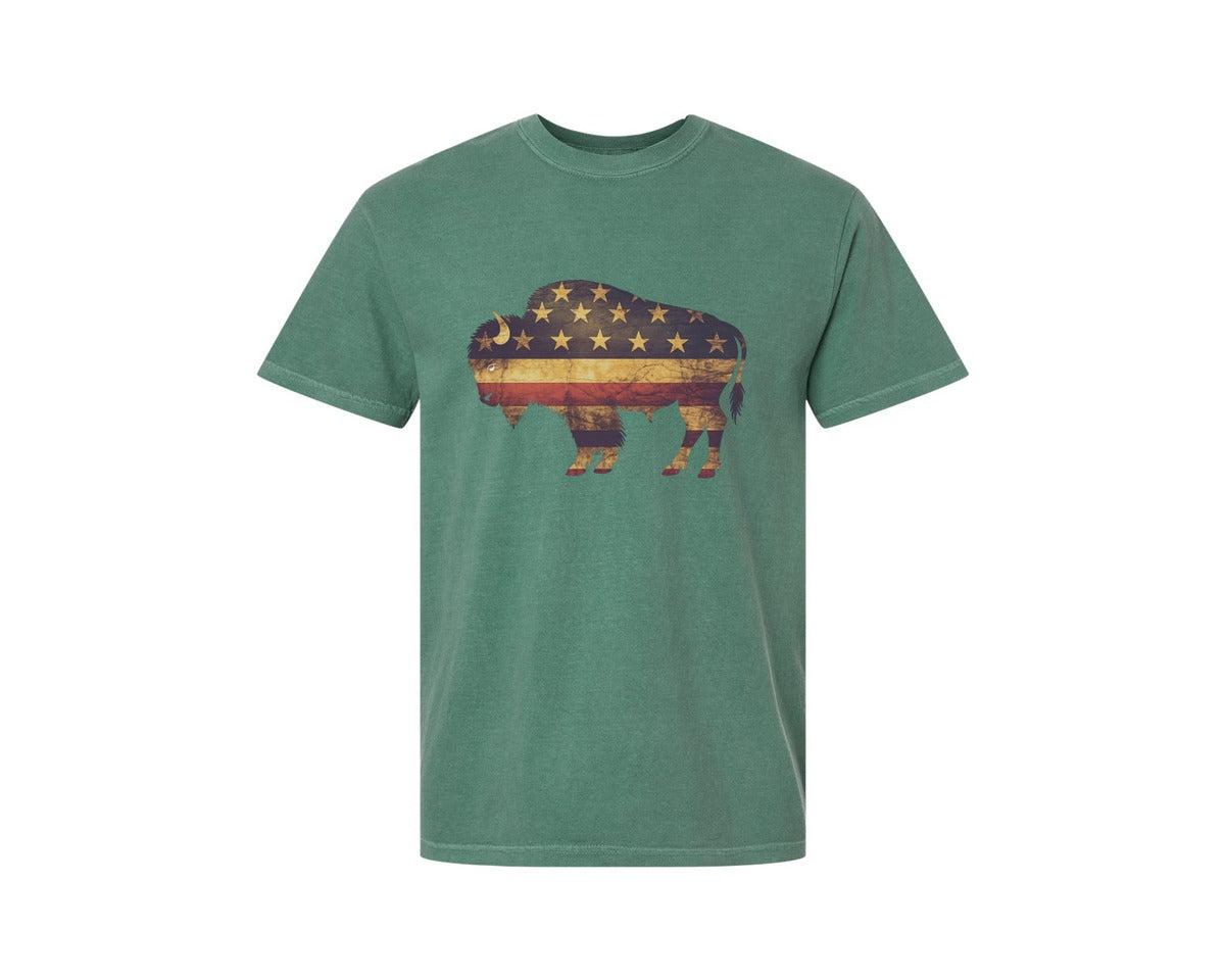 brand:Comfort Colors|color:Light Green|American Bison Patriotic Usa Flag 4 Graphic T-Shirt