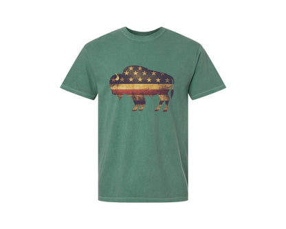 brand:Comfort Colors|color:Light Green|American Bison Patriotic Usa Flag 4 Graphic T-Shirt