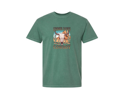 brand:Comfort Colors|color:Light Green|Simmer Down Cowboy Western Skull 2 Graphic T-Shirt
