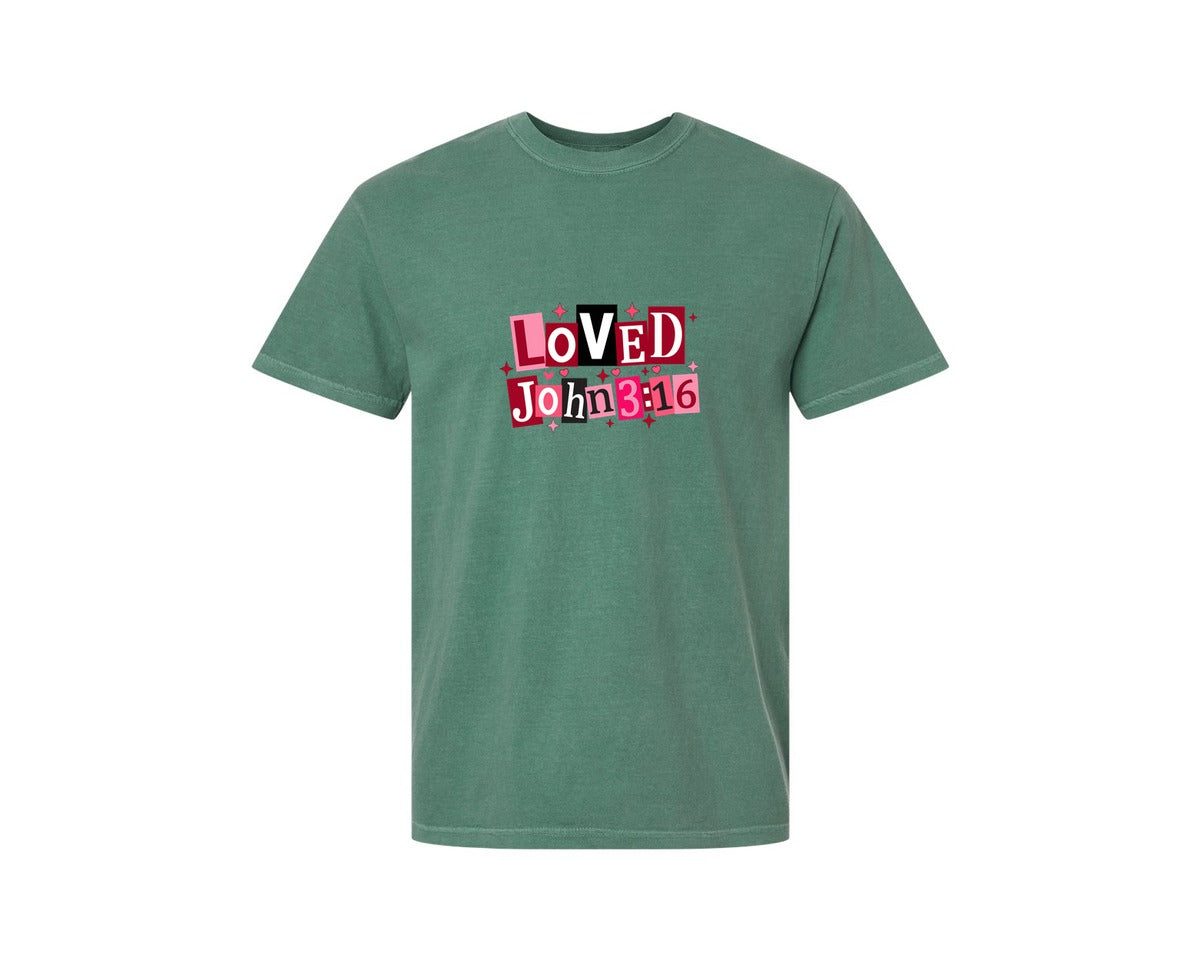 brand:Comfort Colors|color:Light Green|Christian Valentine Loved John 3 16 3 Graphic T-Shirt