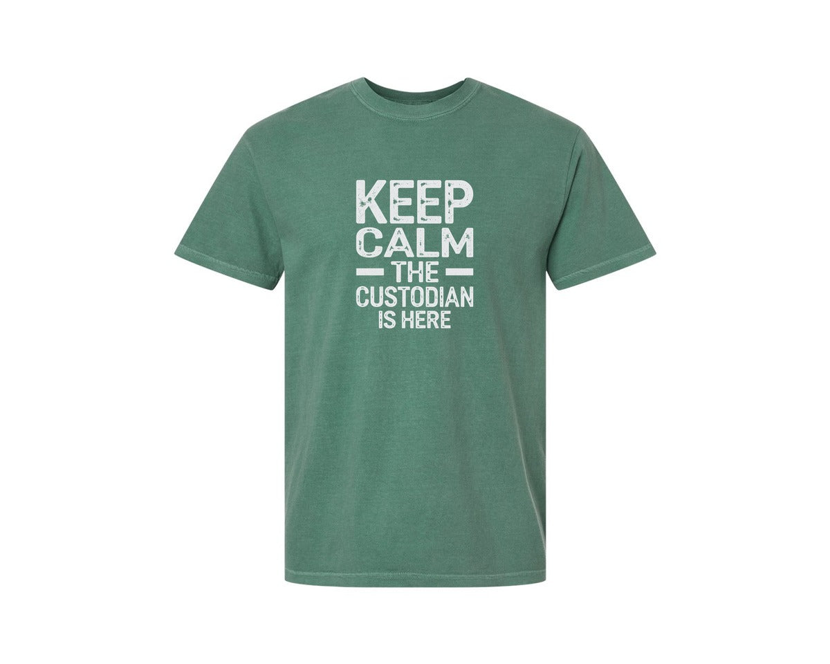 brand:Comfort Colors|color:Light Green|Keep Calm Custodian Here Graphic T-Shirt