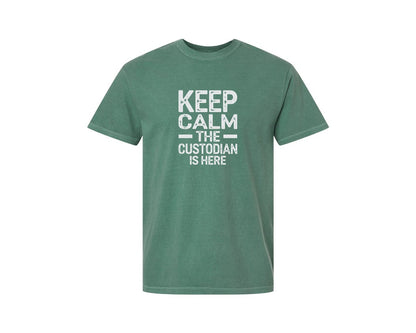 brand:Comfort Colors|color:Light Green|Keep Calm Custodian Here Graphic T-Shirt