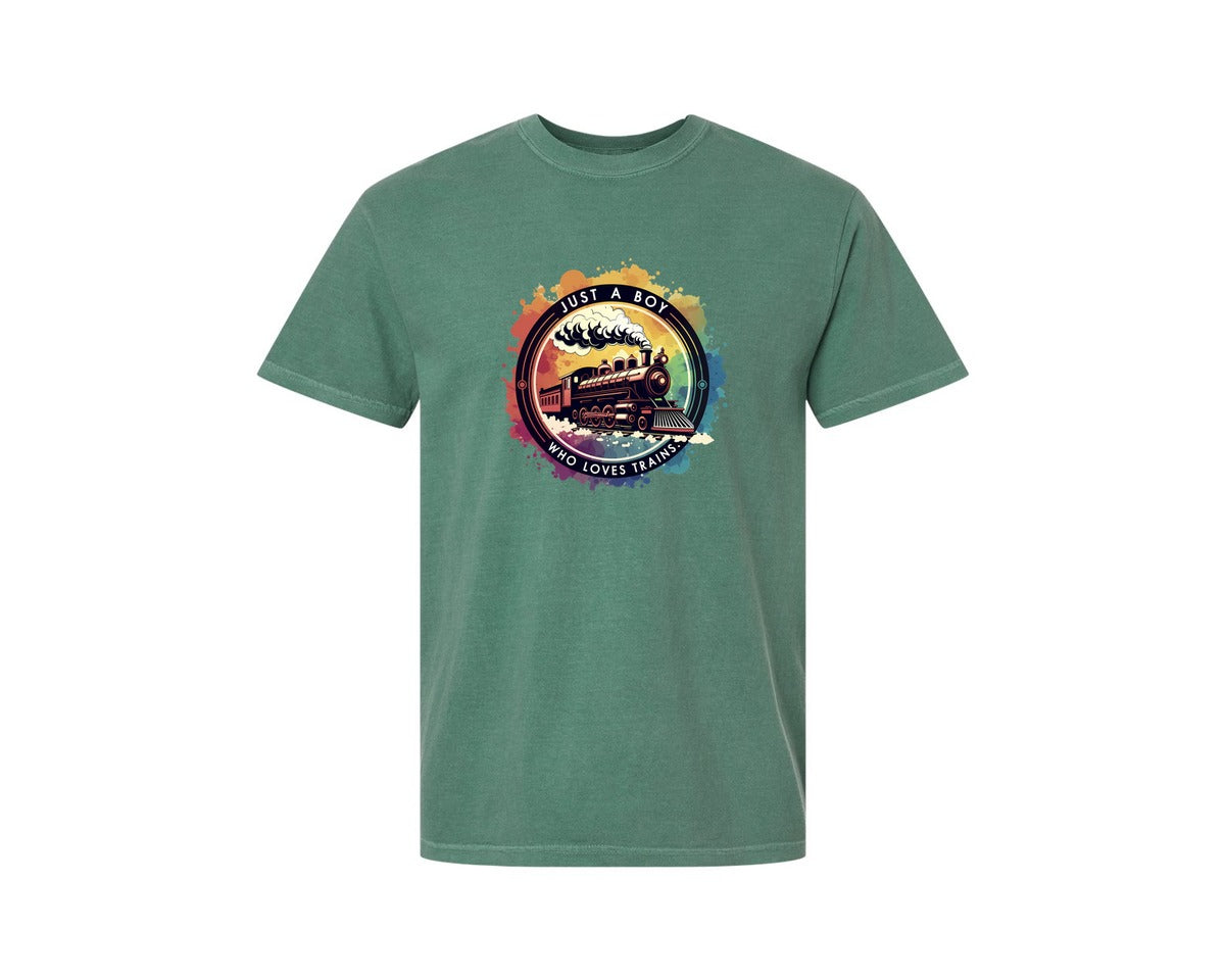 brand:Comfort Colors|color:Light Green|Just A Boy Who Loves Trains Graphic T-Shirt