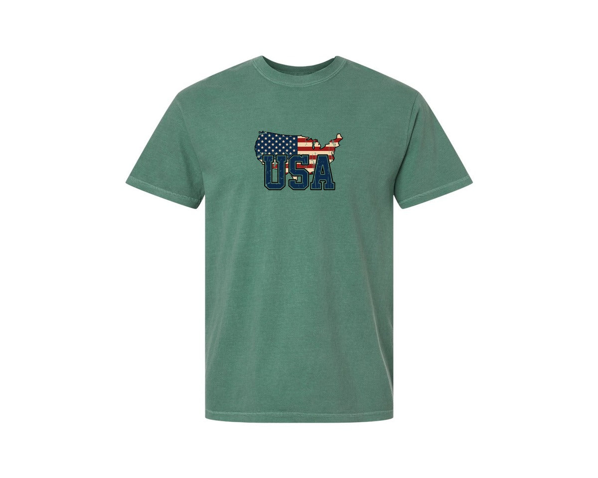 brand:Comfort Colors|color:Light Green|America Usa Map 4Th Of July Patriotic Graphic T-Shirt